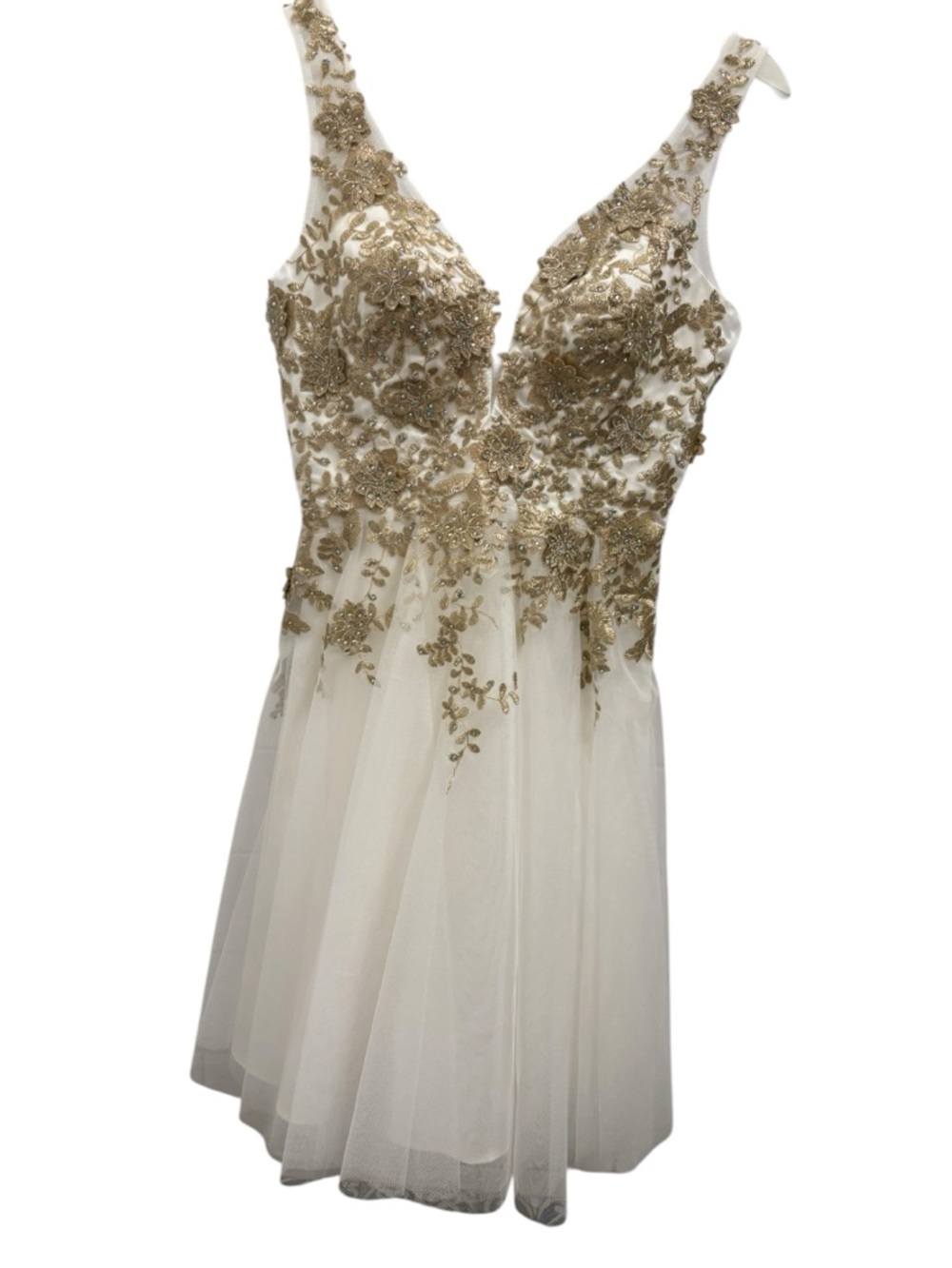 ✨ XScape White  & Gold Embroidered Tulle Dress (Size 0) ✨